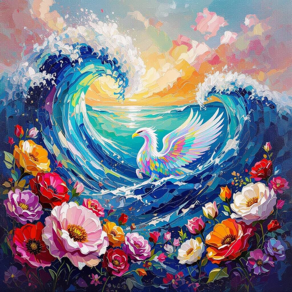 Surreal Floral Ocean with Griffin, Vibrant Oil Painting