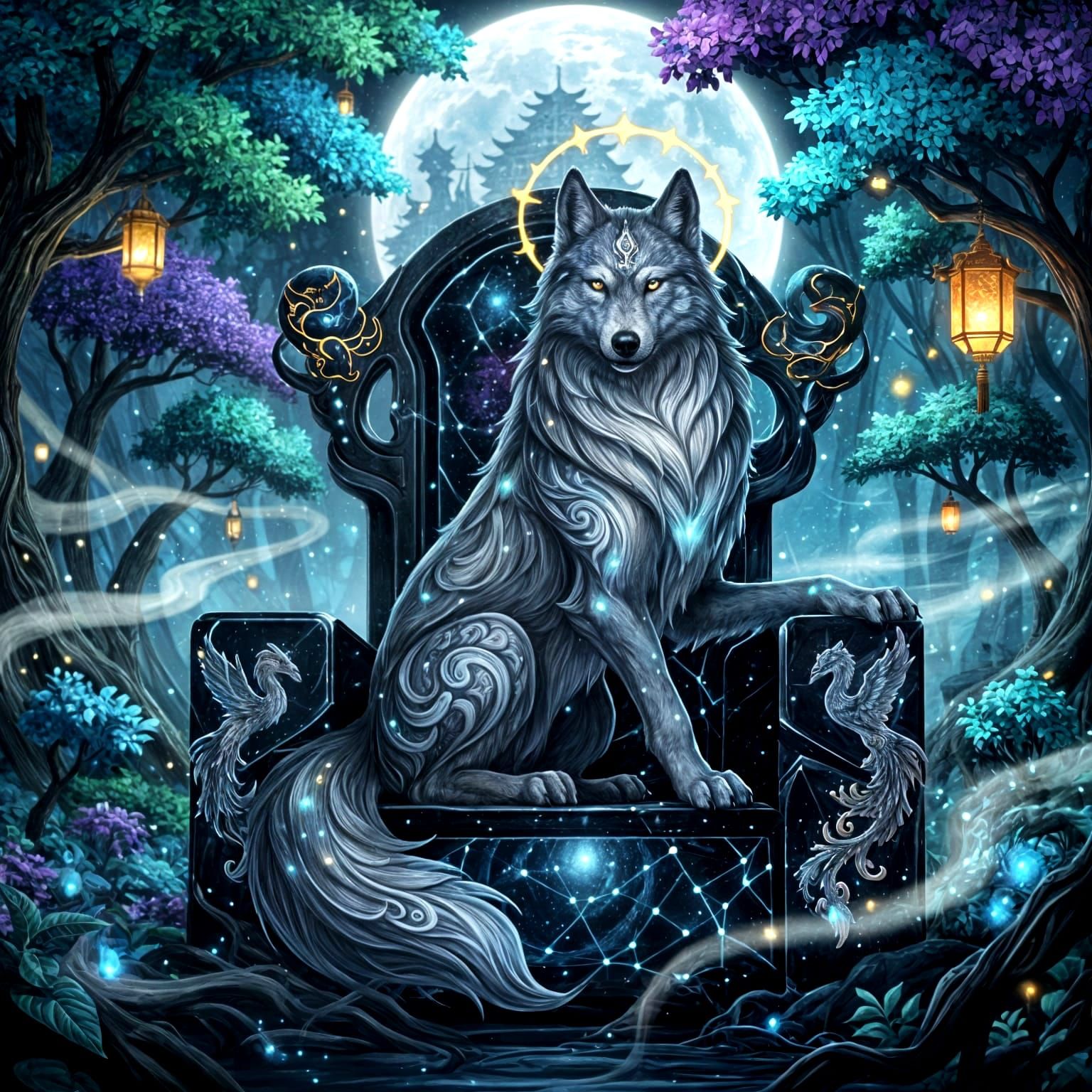 Mythic Wolf King on Celestial Throne in Ethereal Forest