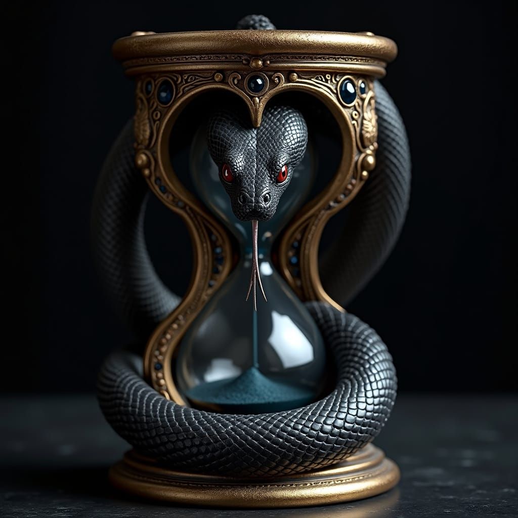 Sleek Snake in Dark, Mystical Hourglass Scene