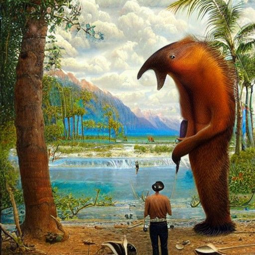 Giant Man and Tiny Anteater: Oil Painting