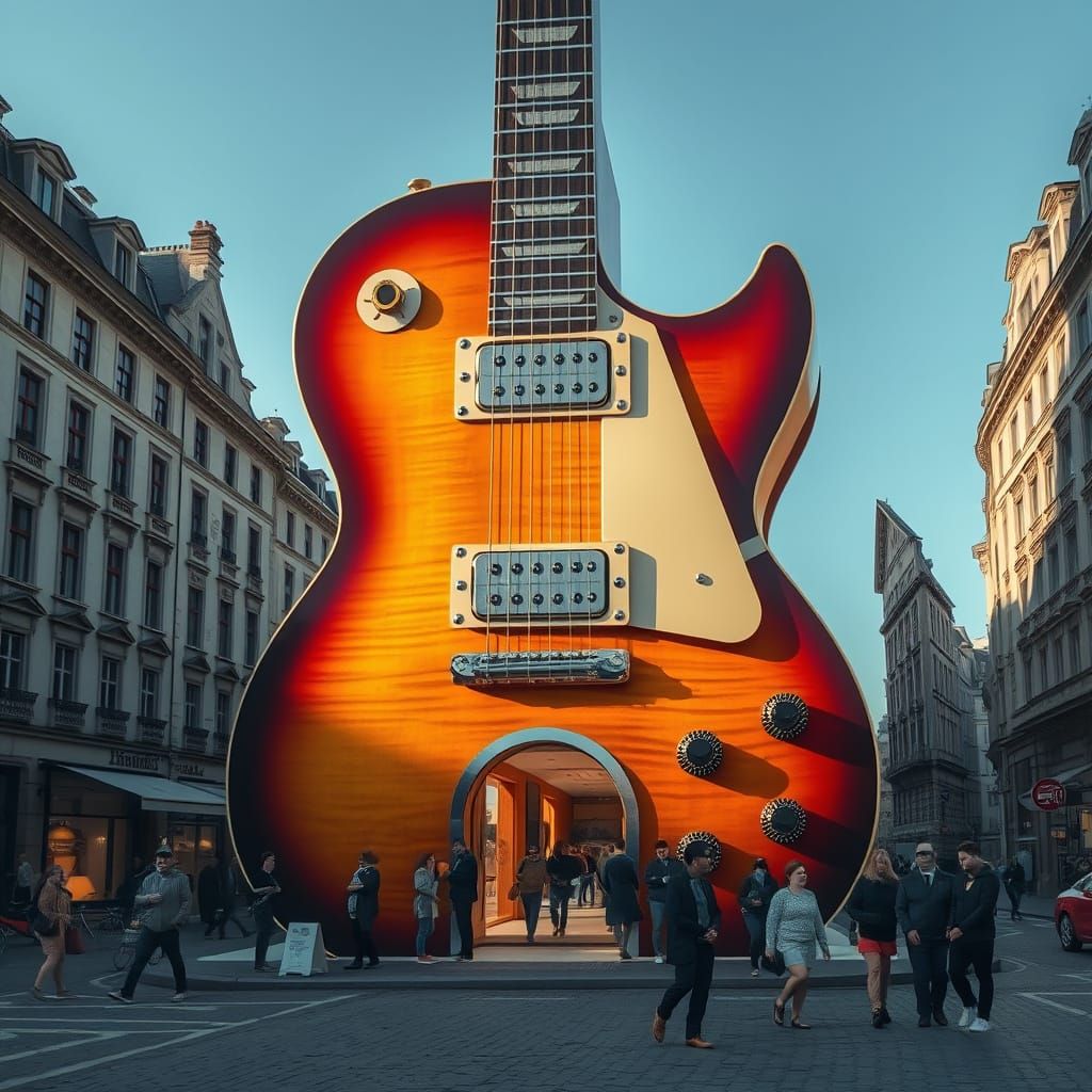 A hyper-realistic, AI-generated scene of a giant electric guitar building on a European-style street, featuring a realis...