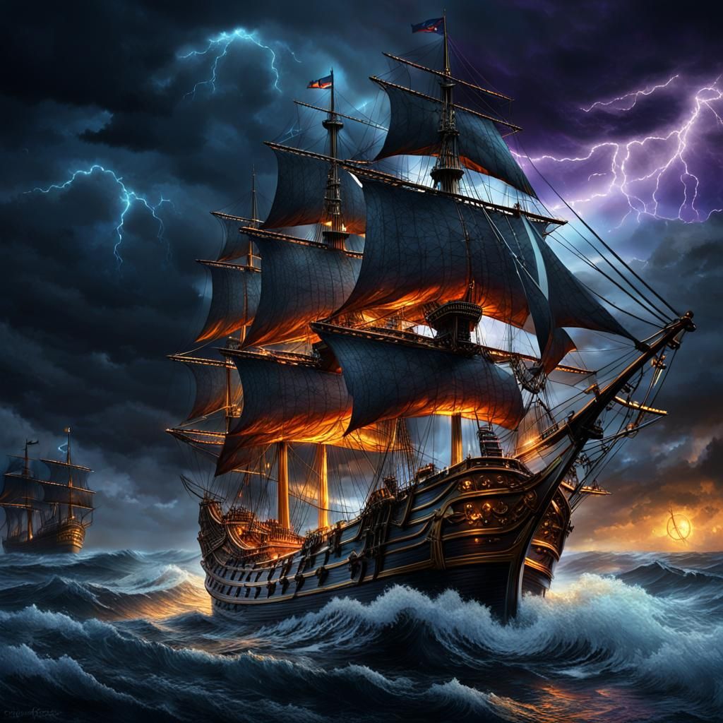 Dramatic Pirate Ship Sails Through Turbulent Night Sea in Cy...