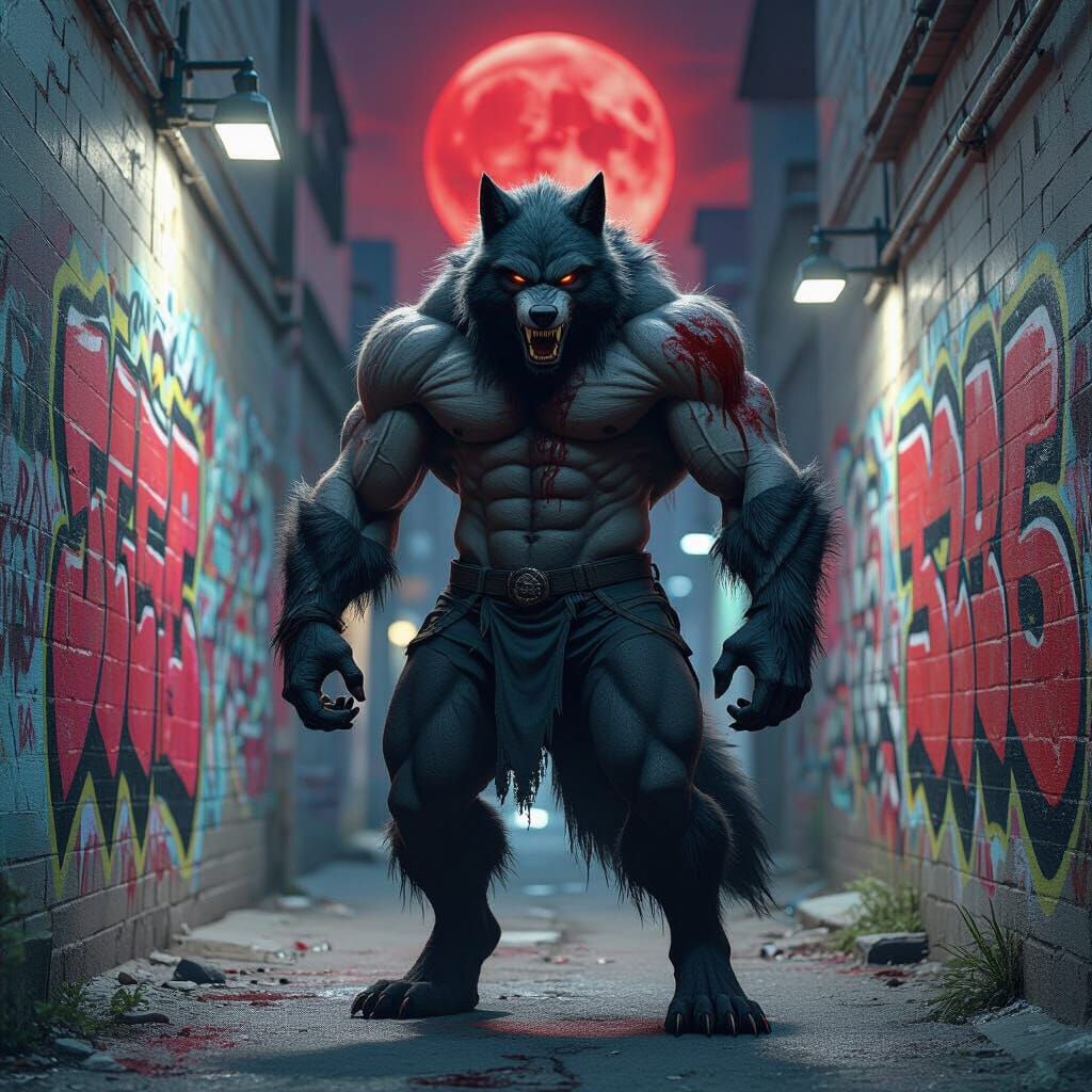 Werewolf in Urban Alley Under Blood Moon