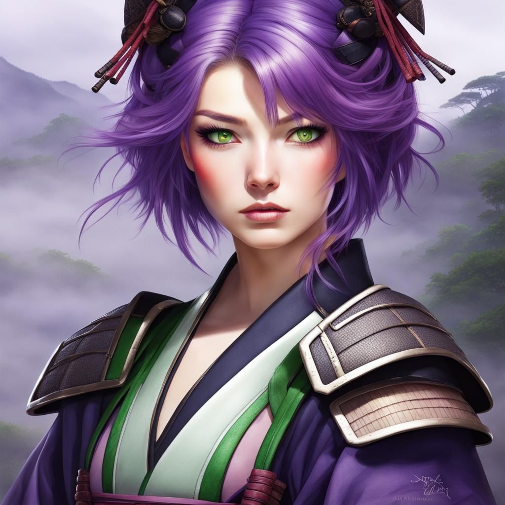 Samurai Woman with Violet Hair and Green Eyes