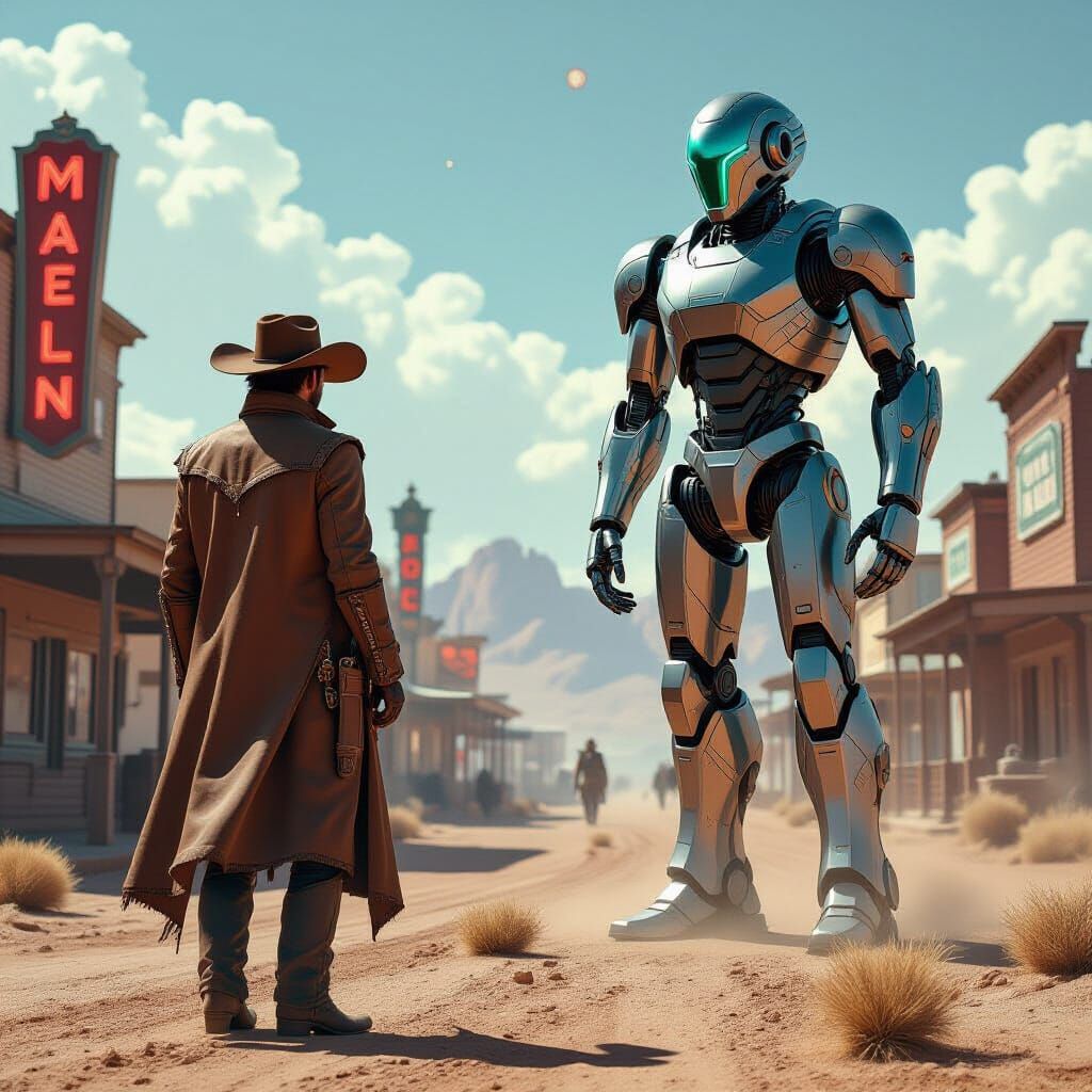 Cowboy vs Robot in Futuristic Wild West Town