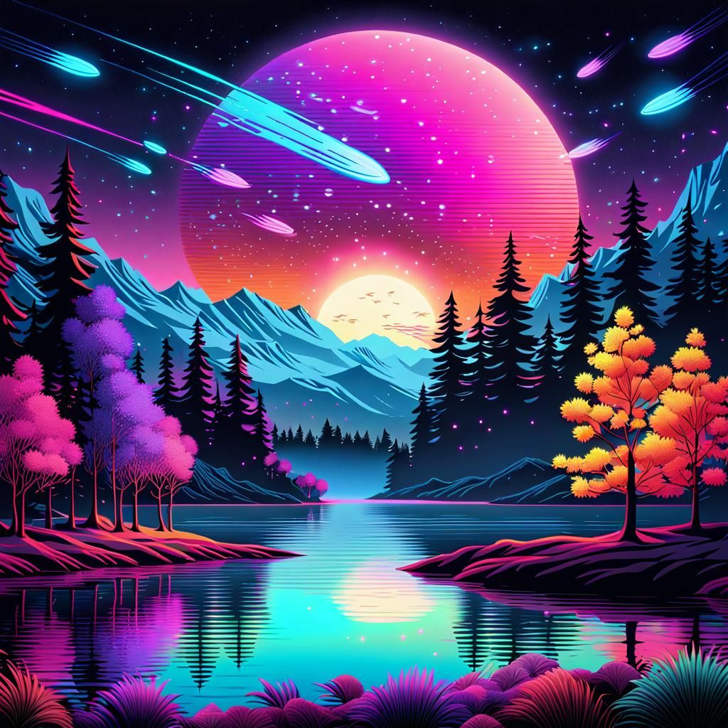 Luminous Trees Communicate in Synthwave Neon Landscape