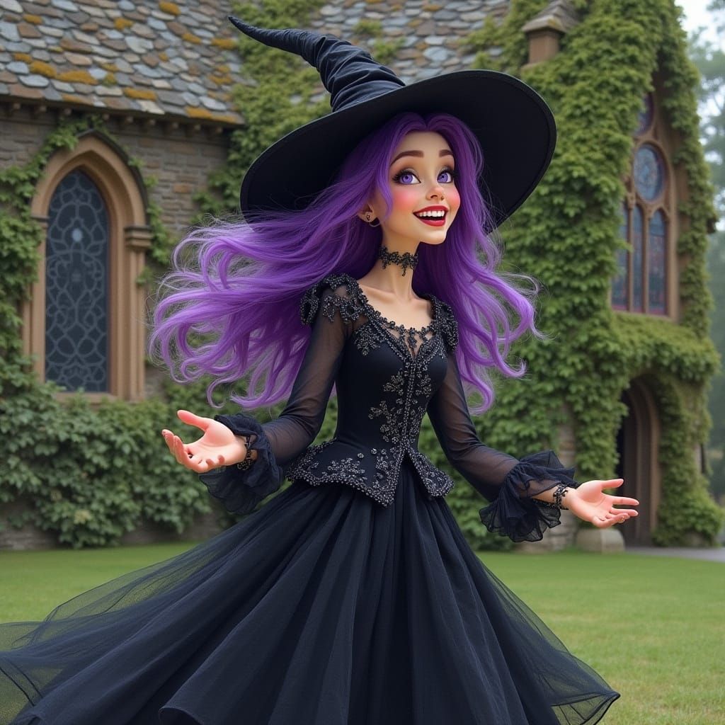 Whimsical Witch Laughs Before Gothic Church