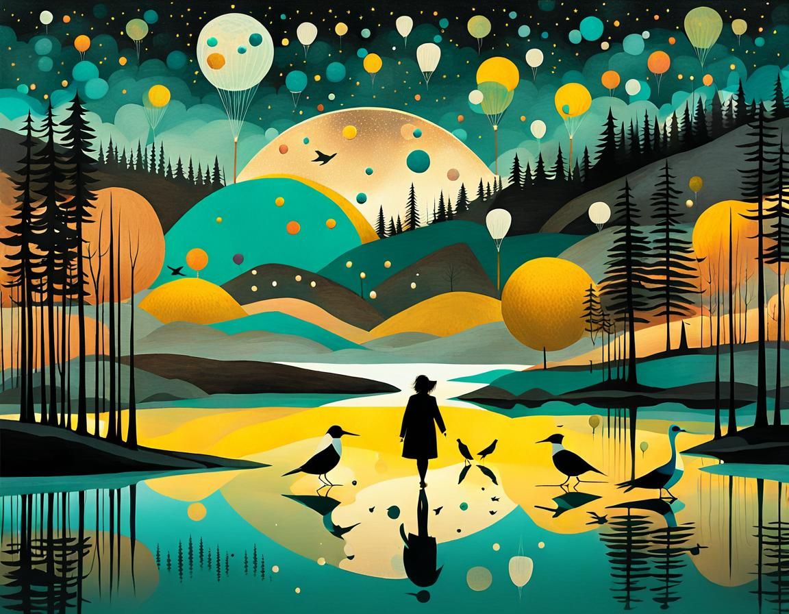 Surreal Woman on Lake with Birds in Abstract Style