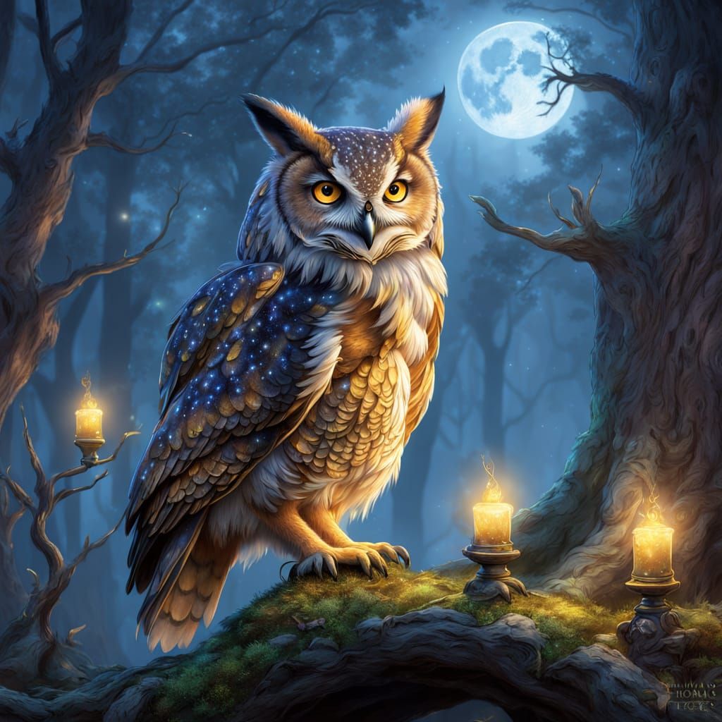 A wise owl in an enchanted forest