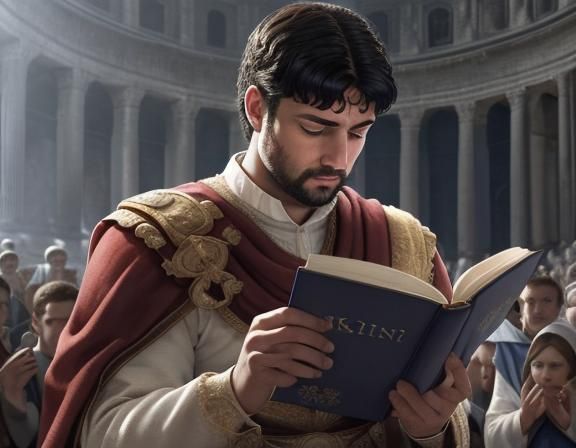 Roman King Reads to Crowd, Dark Blue Backdrop