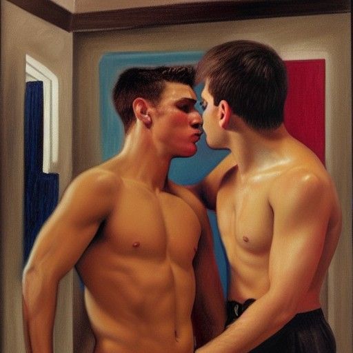 Passionate Locker Room Kiss in Oil Painting Style