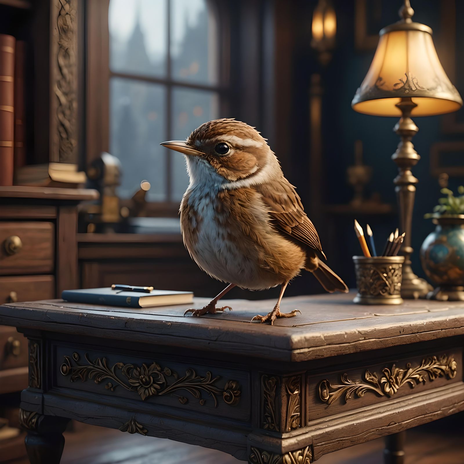 Adorable Wren on a Desk: Detailed Matte Painting