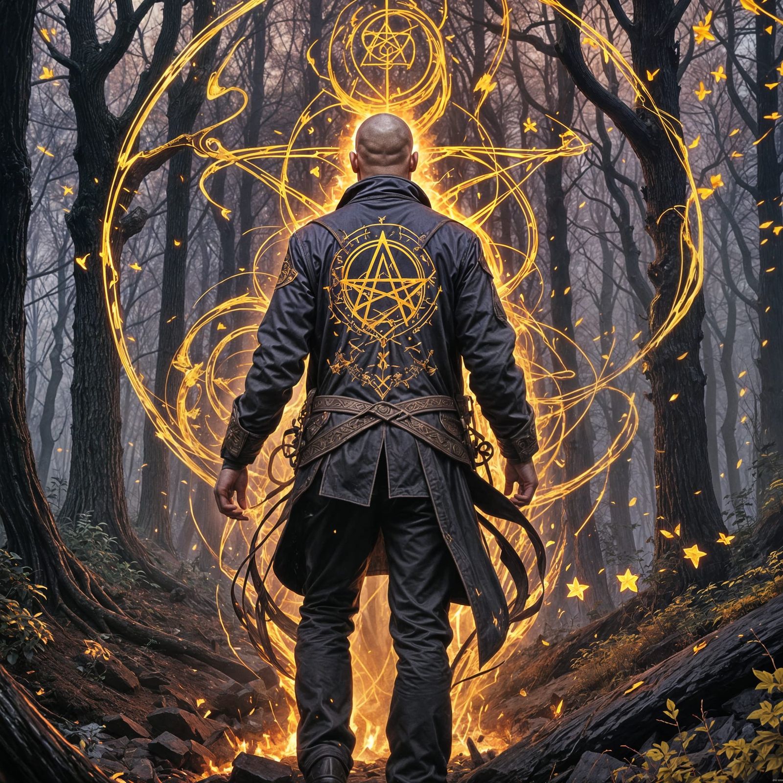 Mystical Runes Surround Skinhead in Dark Forest