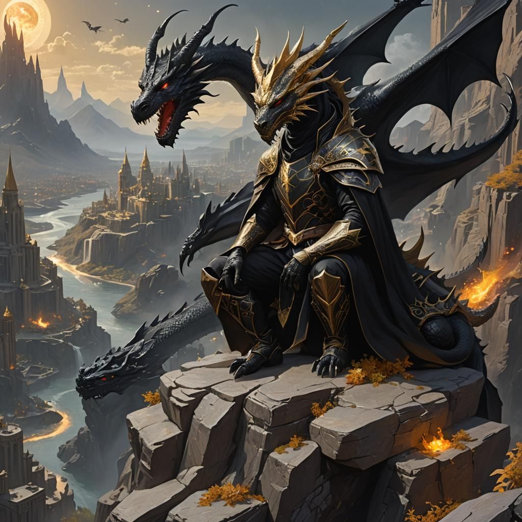 Epic Fantasy Mage Under Dragon in Golden Light