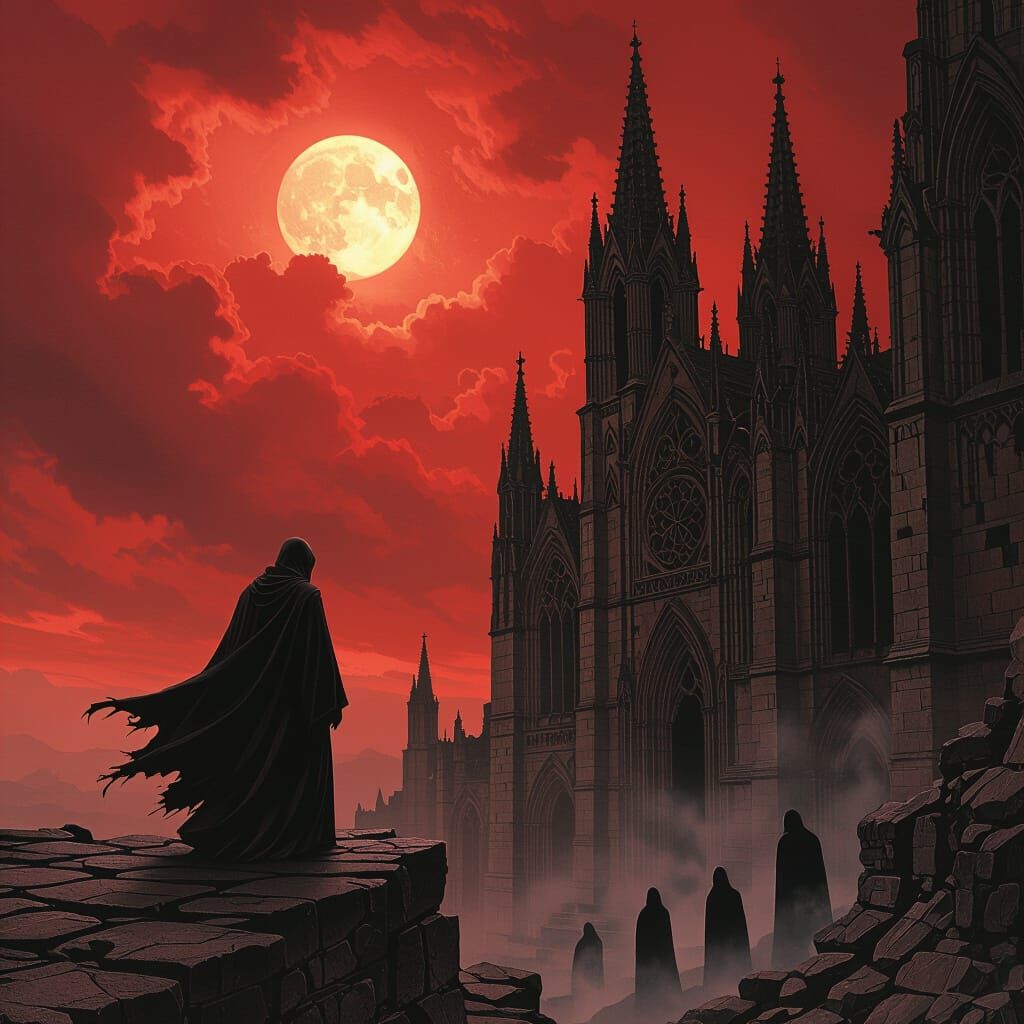 Monk at Gothic Cathedral Precipice Under Blood-Red Sky