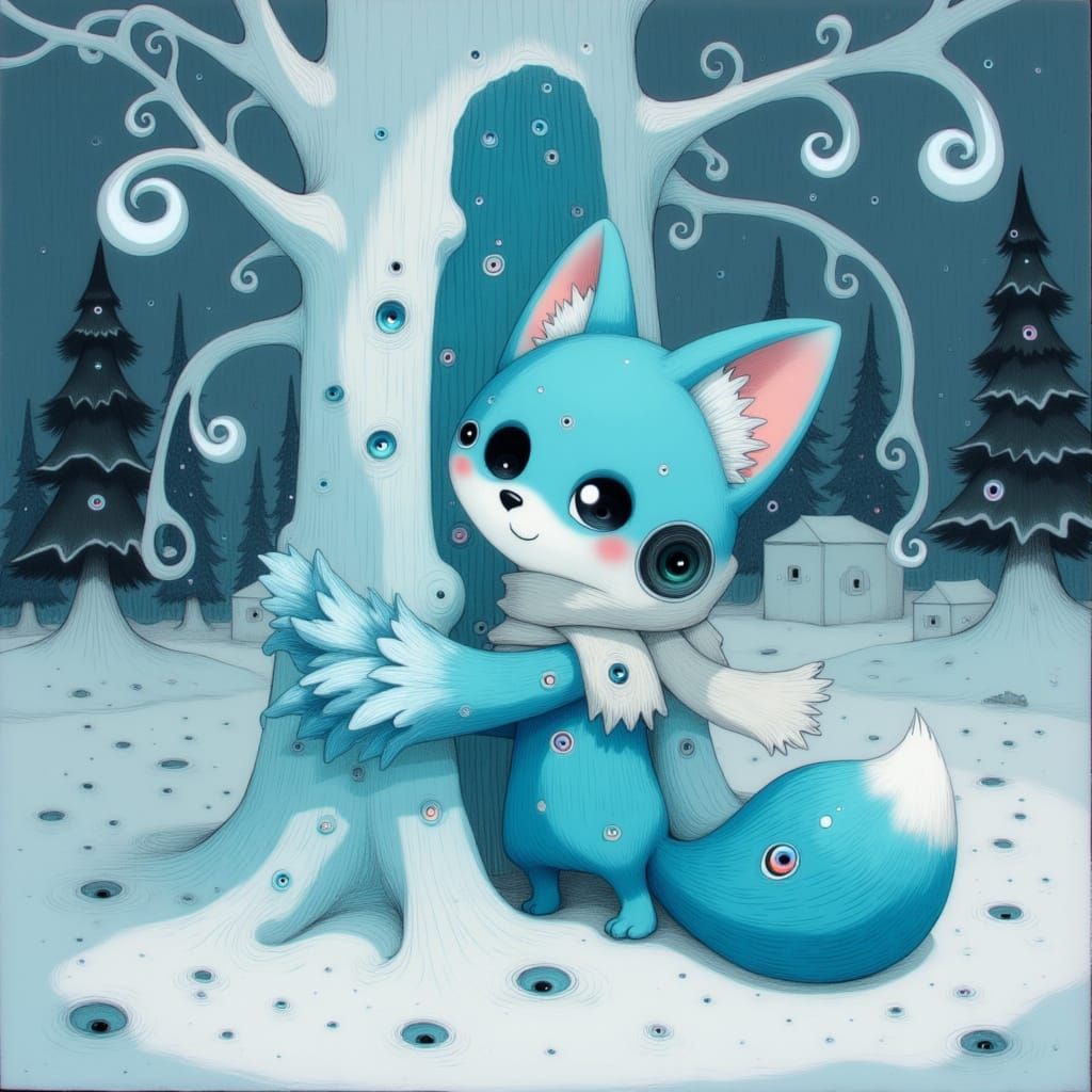 Crystal Fox Kit Builds Tree Fort in Winter