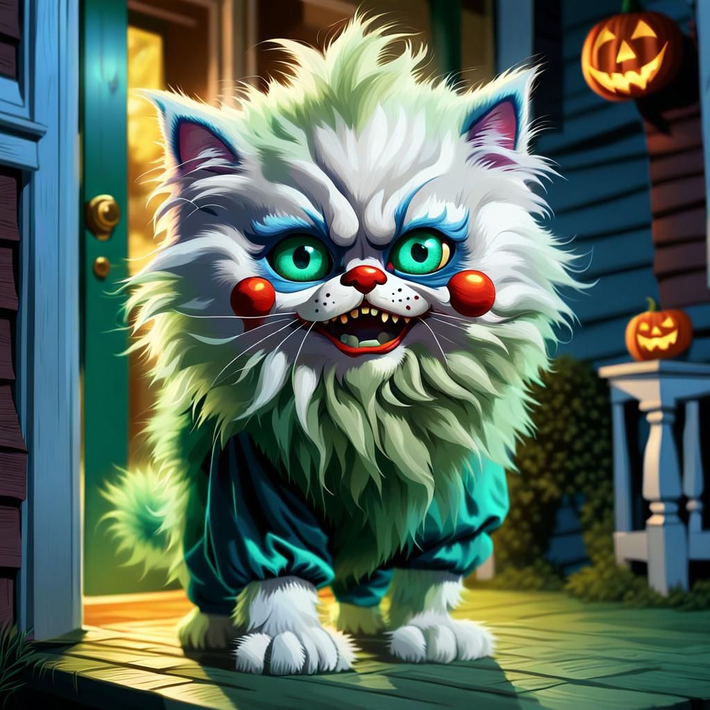Fluffy Kitten Clown on Halloween, Pixar Concept Art