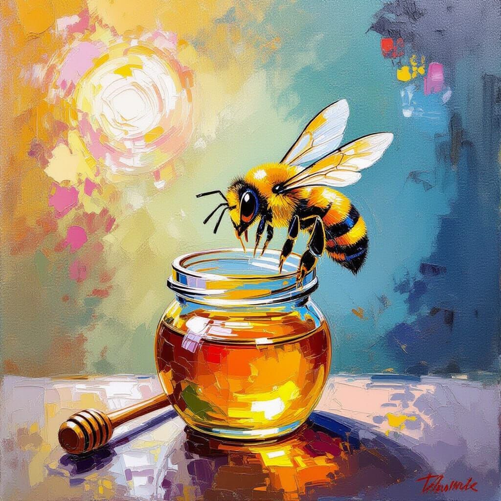 Impasto Oil Painting of Bee and Golden Honey Pot