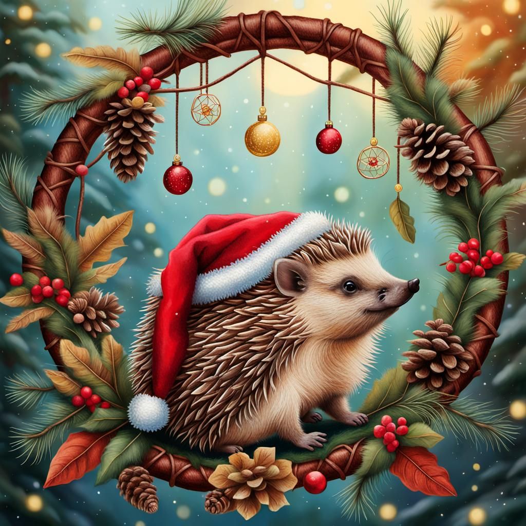 Whimsical Hedgehog on Dreamcatcher in Folk Art Style