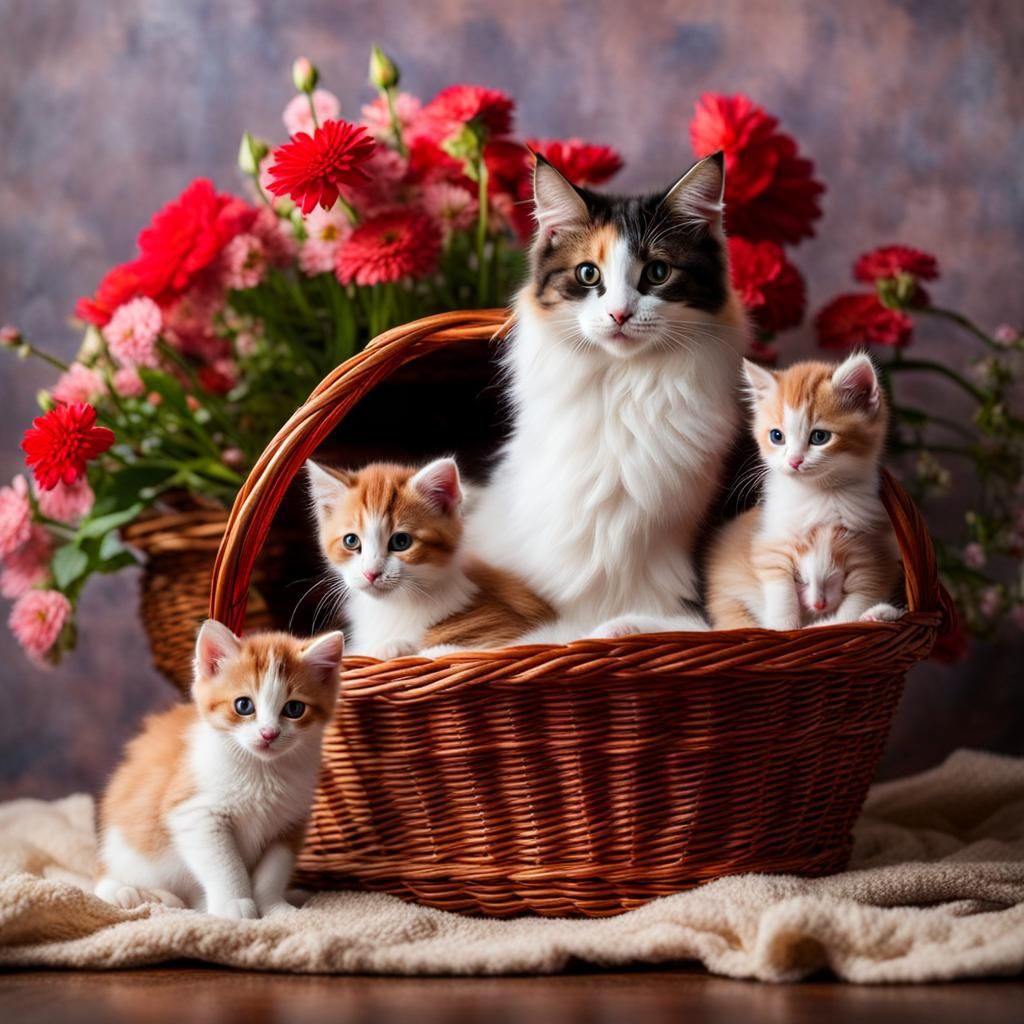 Calico Cat and Kittens in Basket
