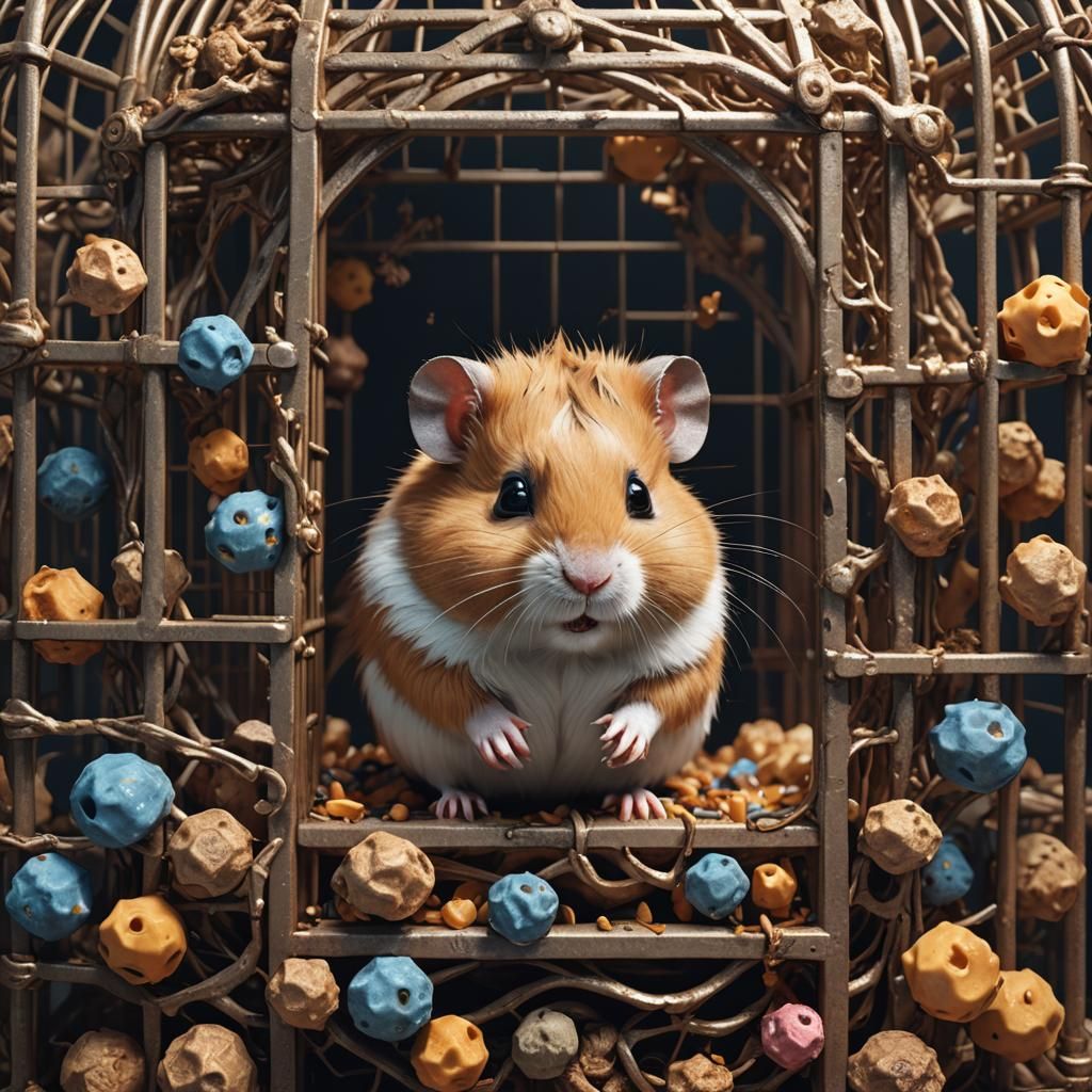 Chubby Hamster in Cage: Detailed Matte Painting