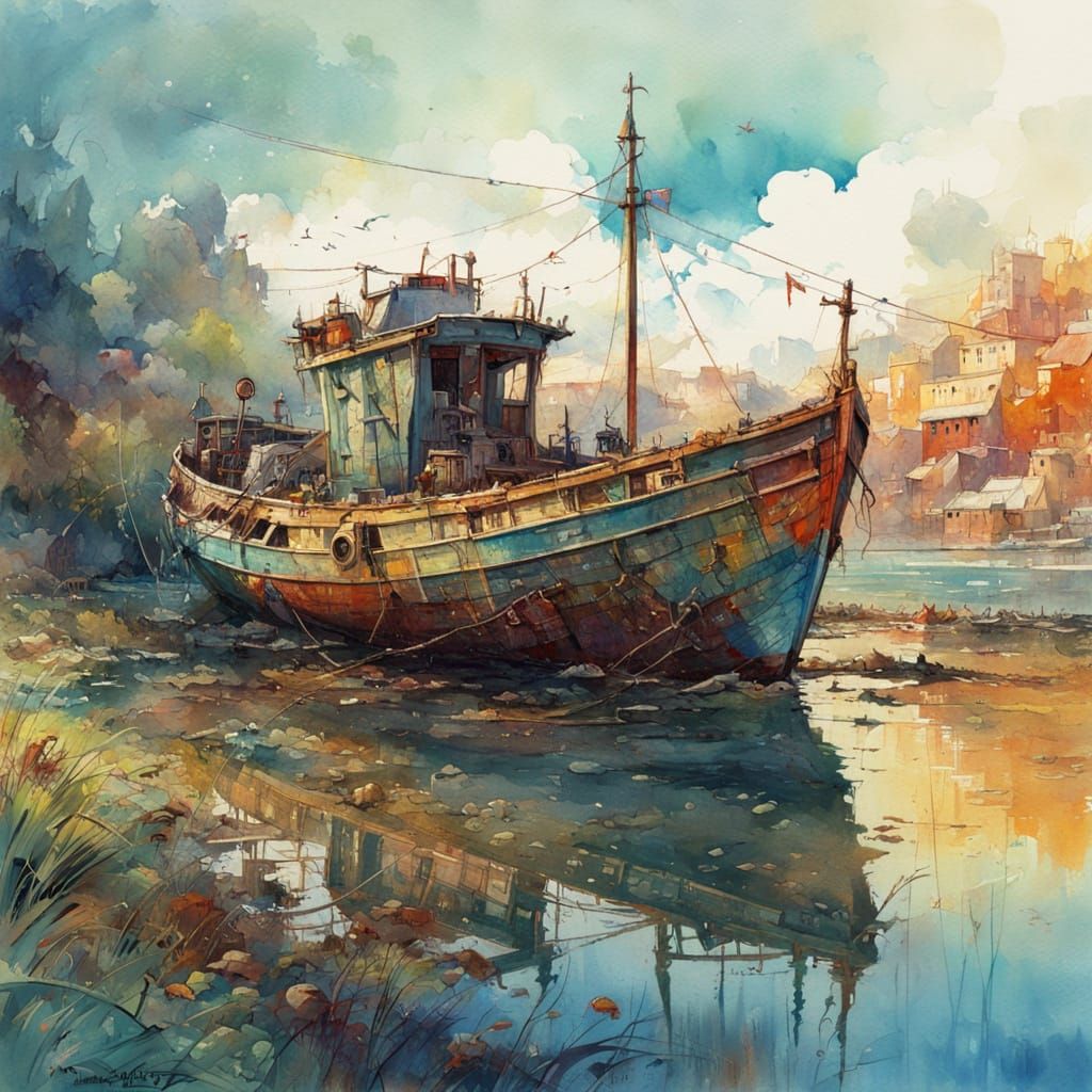 Detailed Watercolor of an Old Fishing Boat