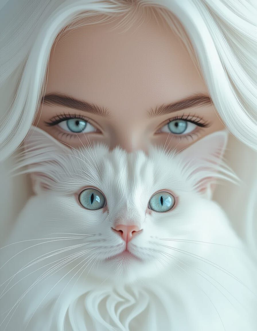 Girl's Blue Eyes Peeking Over White Cat in Photo