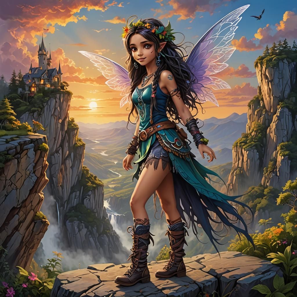 Mischievous Fairy with Large Wings in Watercolor Landscape