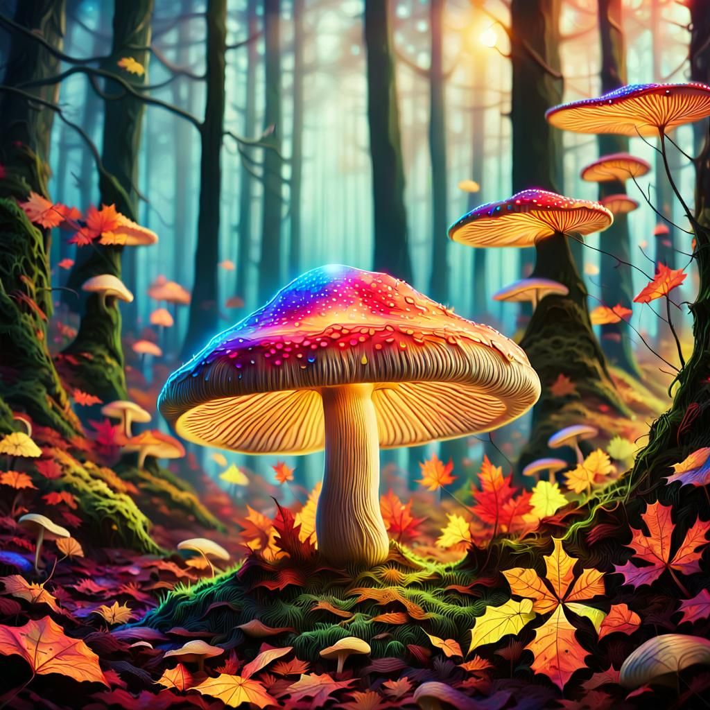 Neon Autumn Mushroom in a Magical Forest