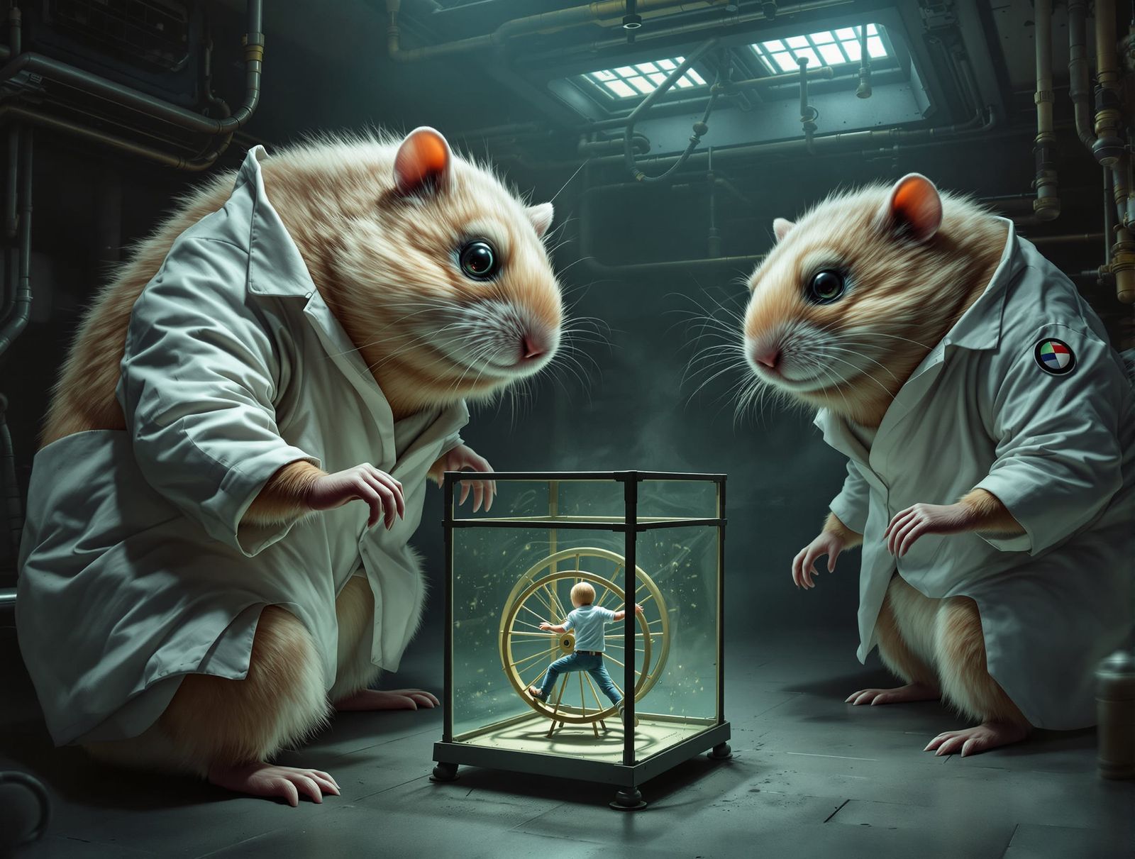 Giant Hamster Scientists Observe Human in Lab Cage