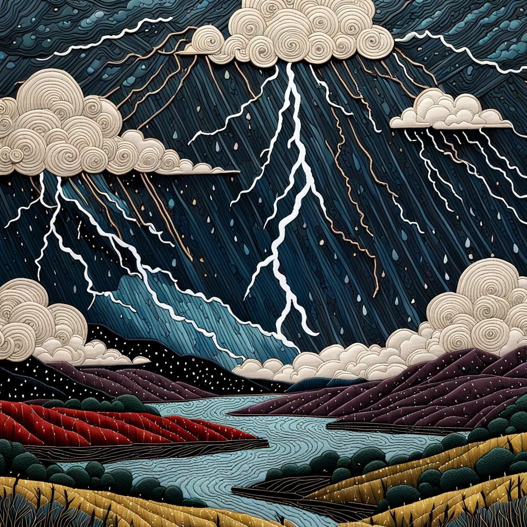 Whimsical Embroidered Lightning Storm in Folk Art Style