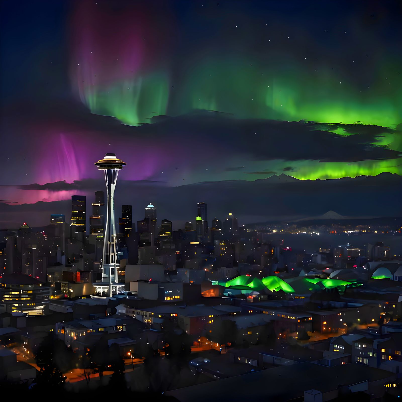Seattle Skyline Under Northern Lights at Night
