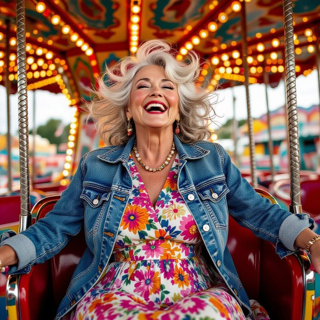 Joyful Elderly Woman on Carnival Ride in Dreamlike Style