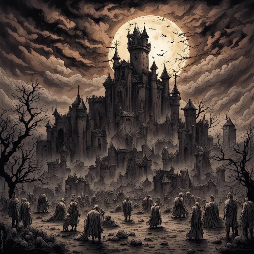 Post-Apocalyptic Castle with Zombies in Dark Fantasy Style