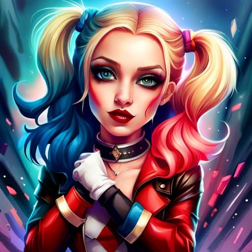 Chibi Harley Quinn Splash Art in Oil Gouache Style