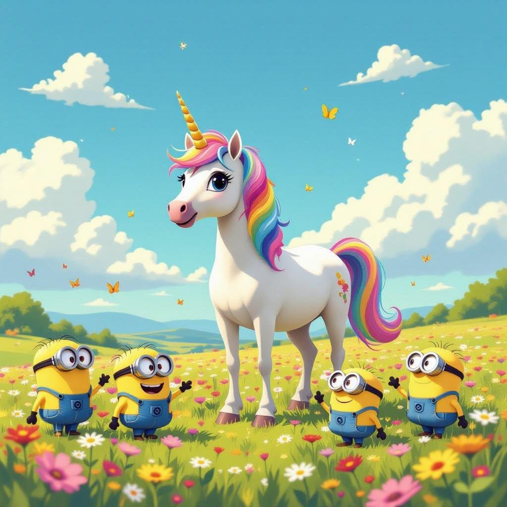 Magical Unicorn with Candy and Minions in a Floral Field