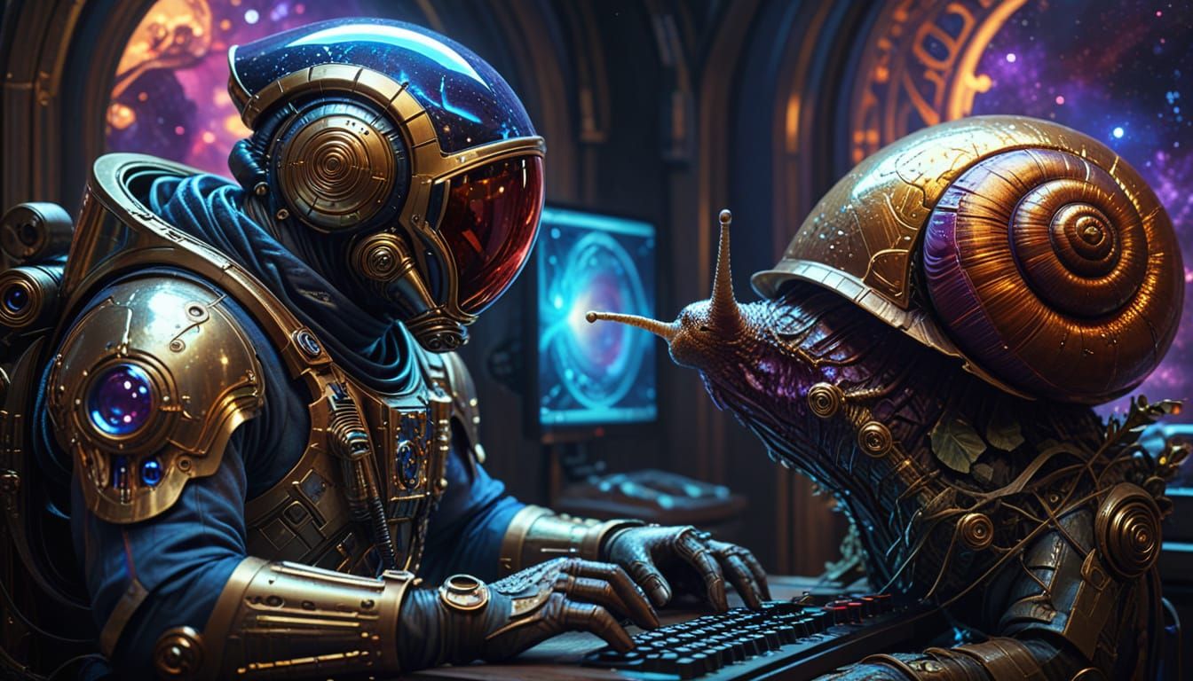 Spacesuit Man and Snail Alien in Dark Fantasy Art