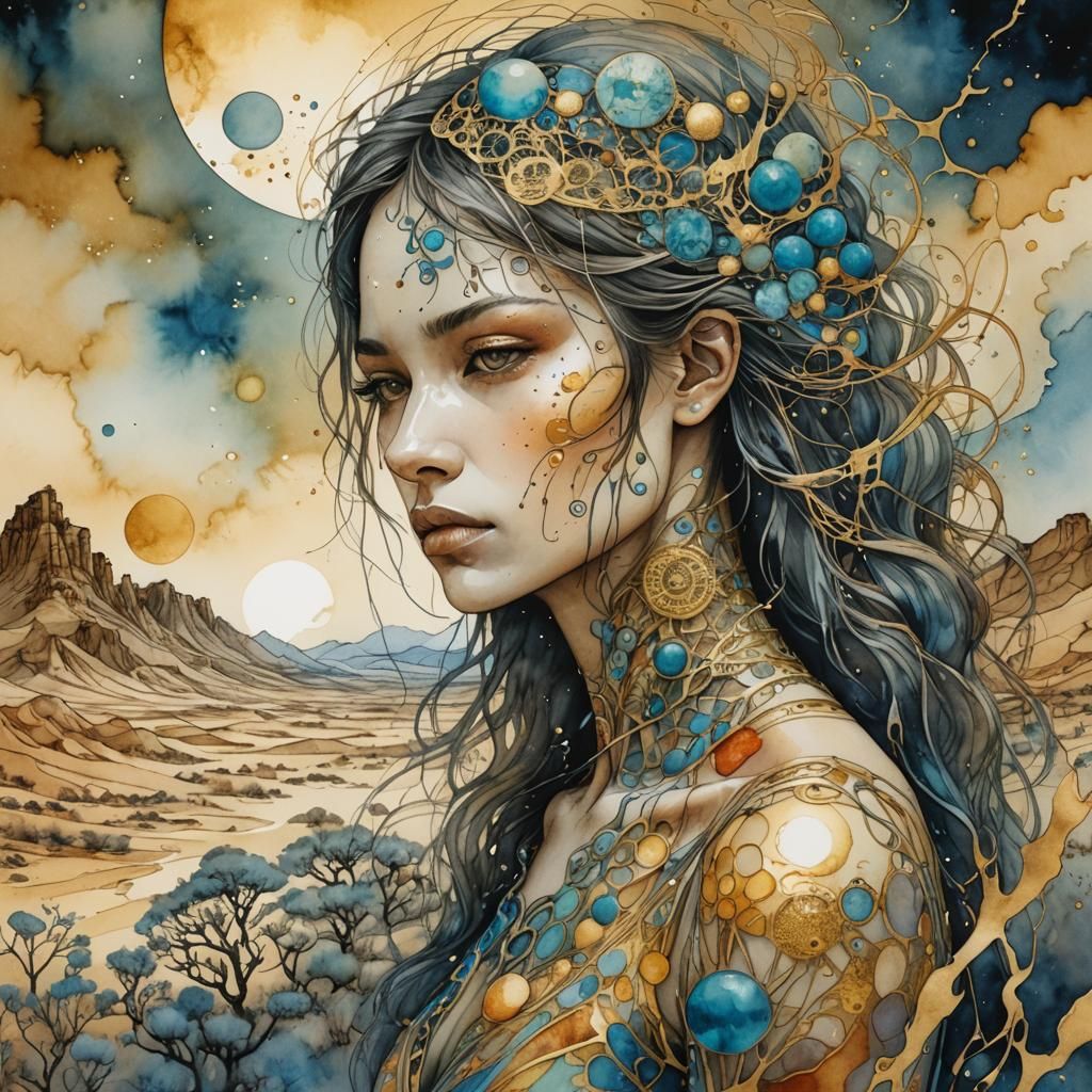 Desert Woman: Surreal Watercolor Ink Dream