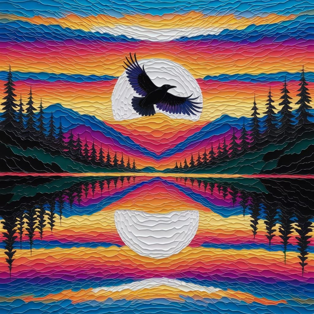 Raven in Flight Across Vibrant Sunset Landscape