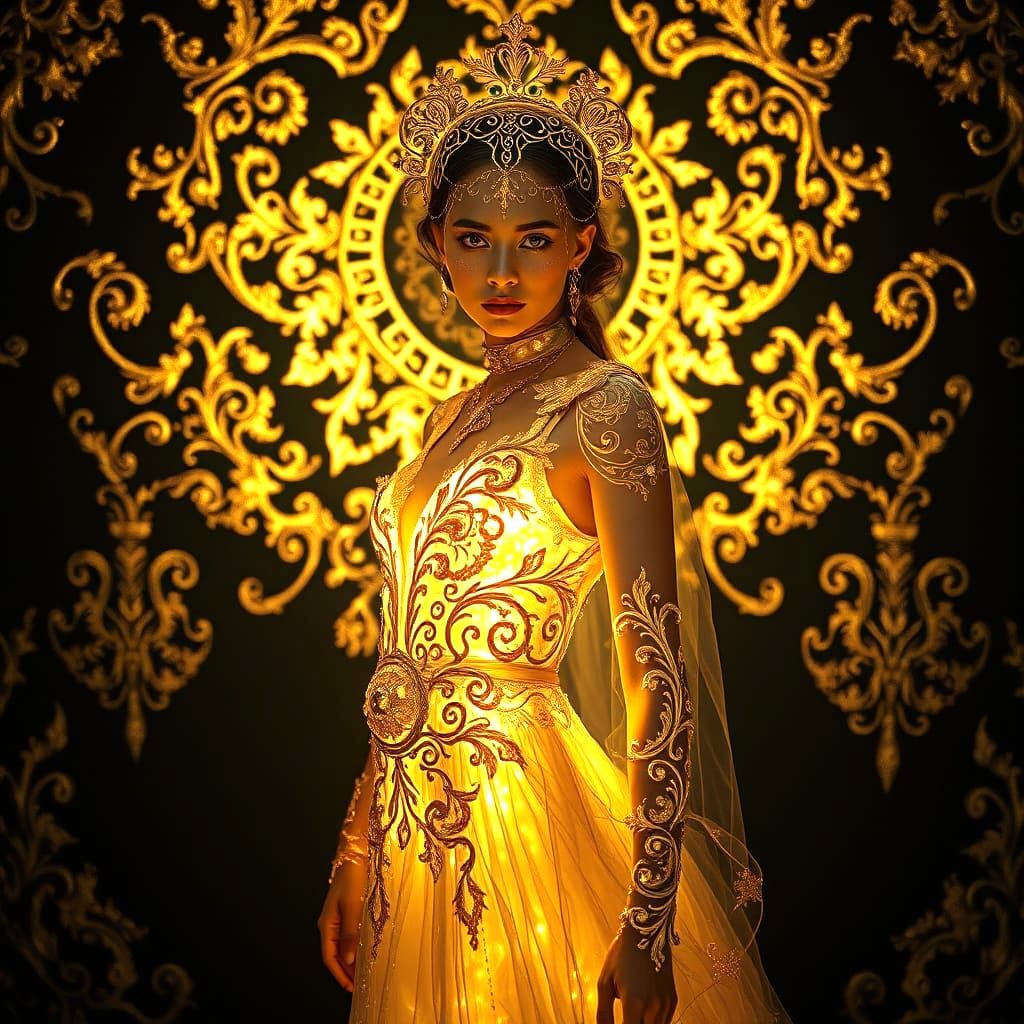 Ethereal Bioluminescent Maiden with Golden Filigree