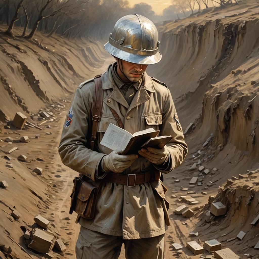 Melancholic Soldier in Trench as Oil Painting