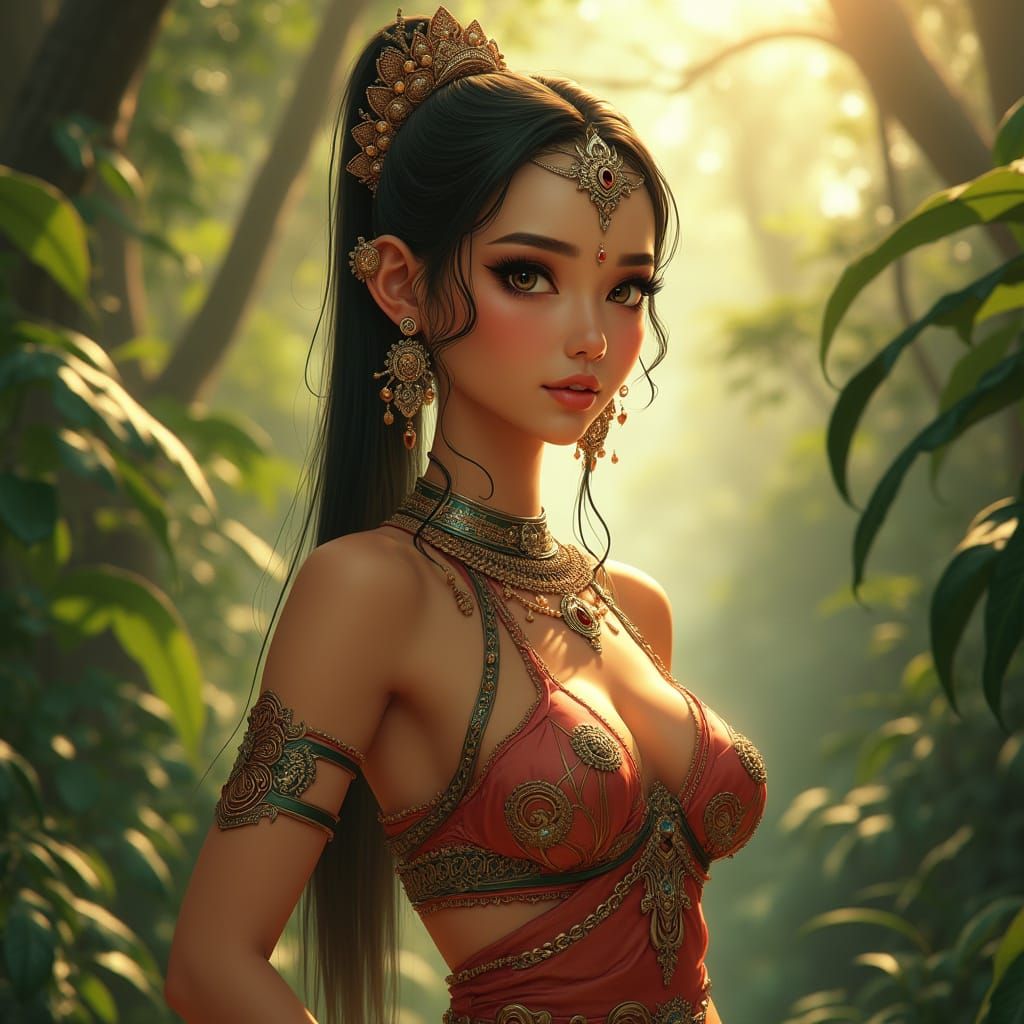 Thai Woman with Futuristic Jewelry in Art Nouveau Style