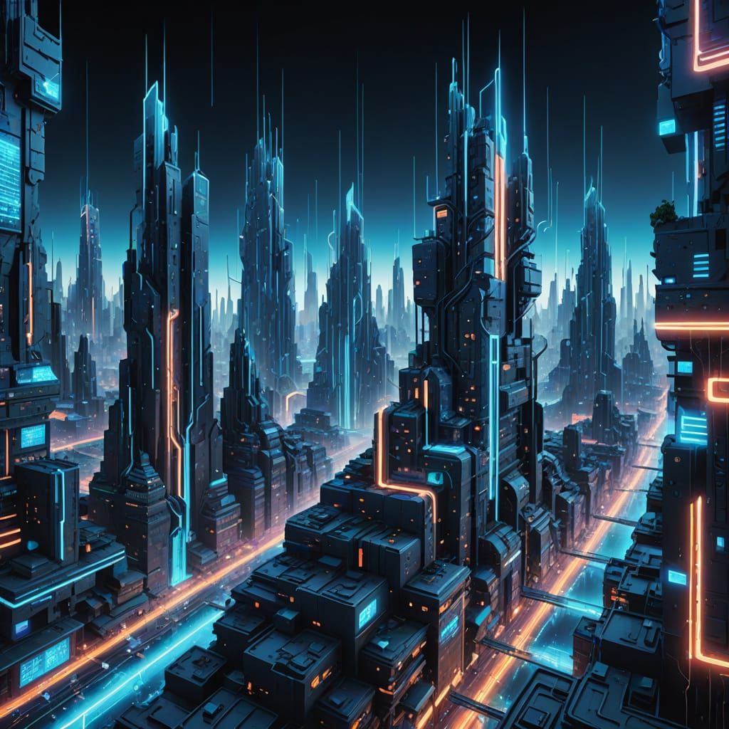 Surreal Digital City of Floating Code and Holograms