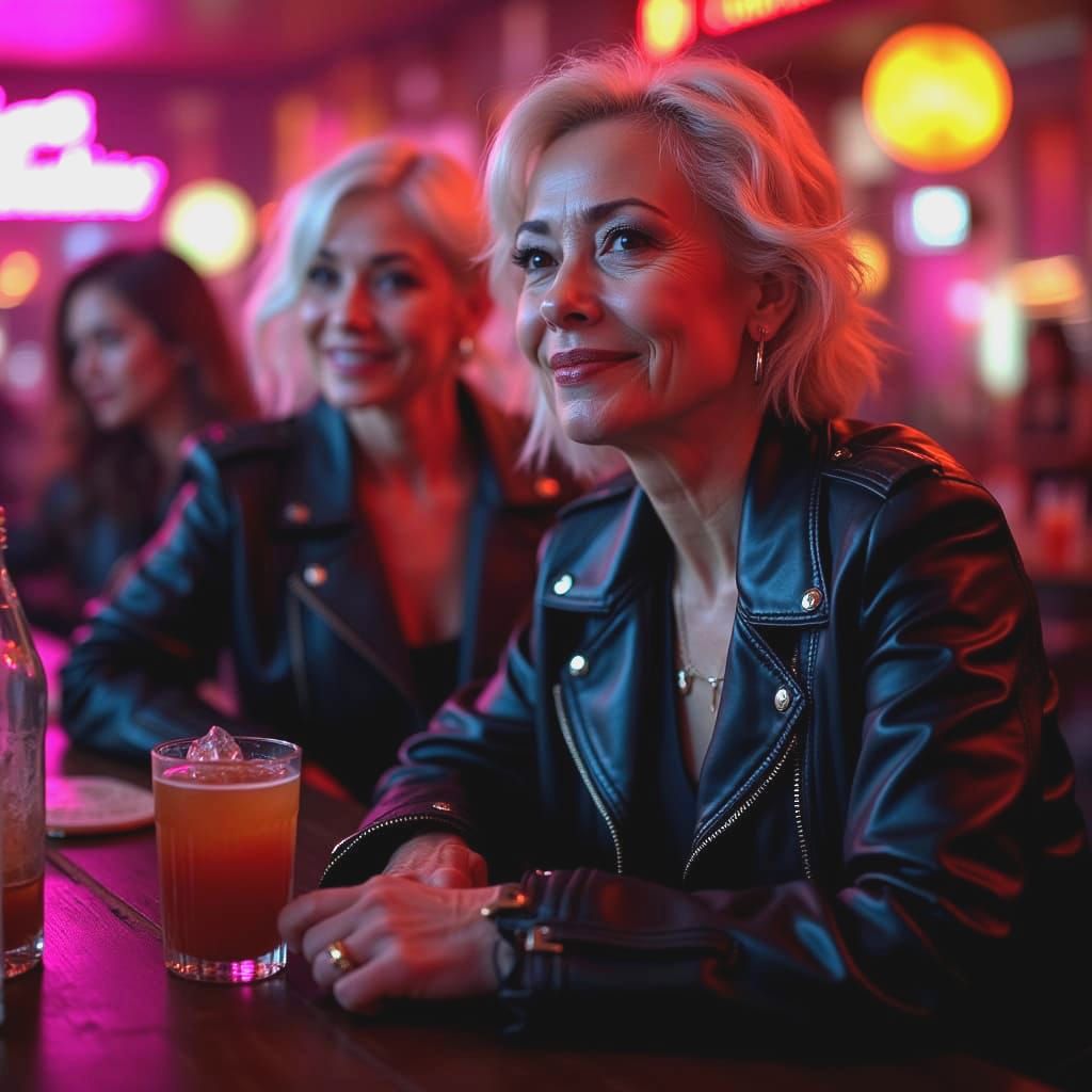 Vintage Women Gather in Neon-Lit Jazz Club with Cinematic El...