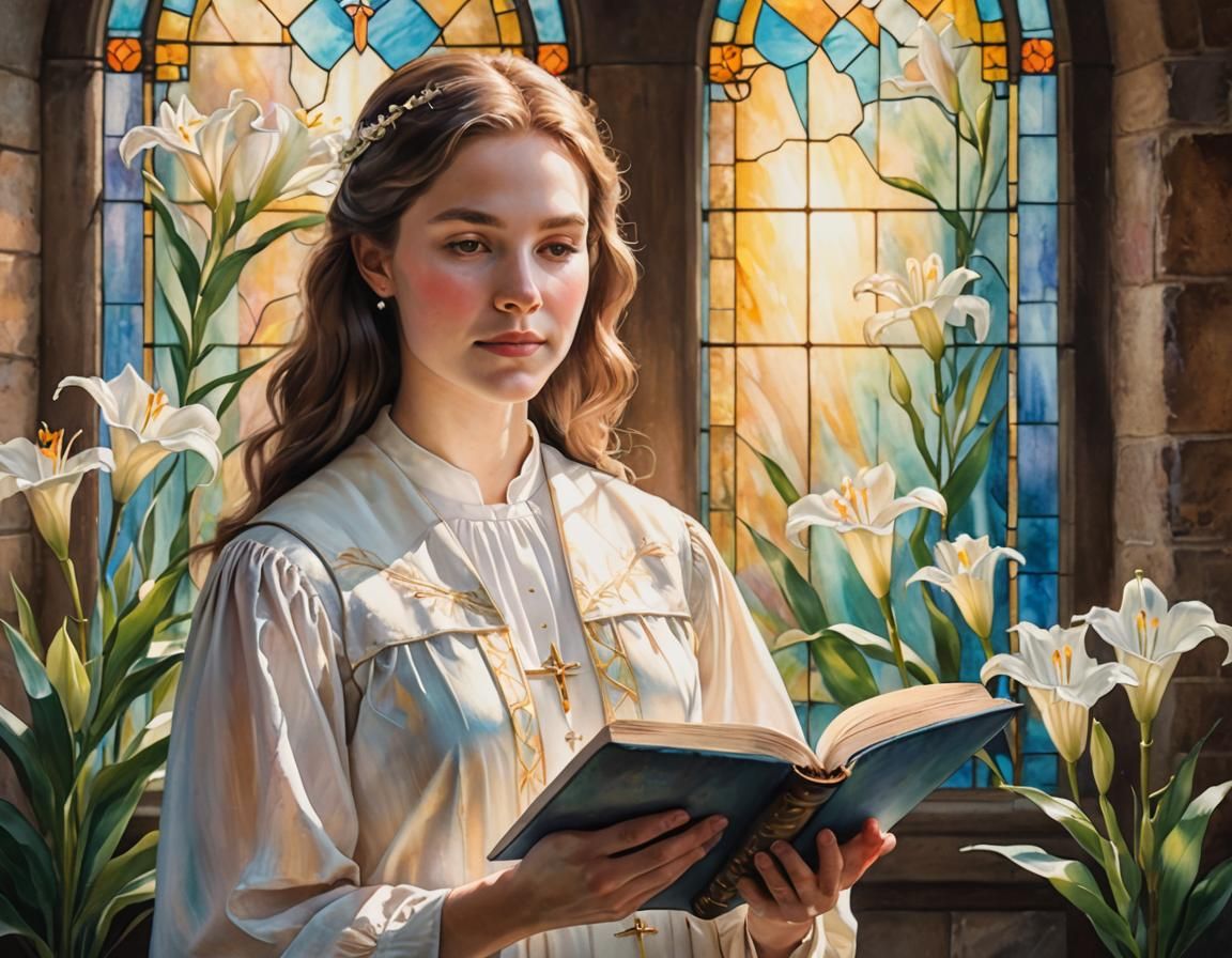 Serene Easter Scene: Woman with Lily in Watercolor