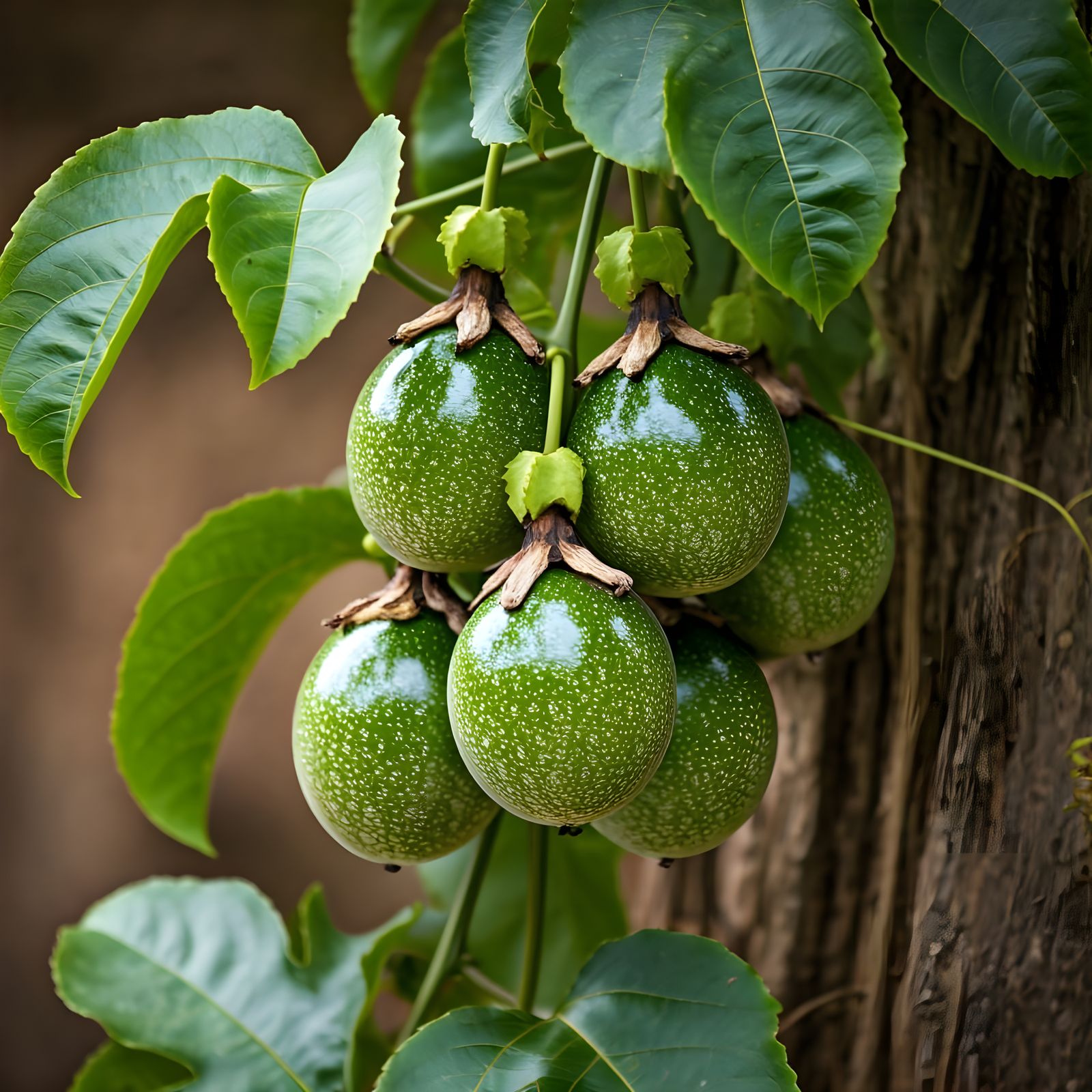 Seven Green Passion Fruits on the Tree