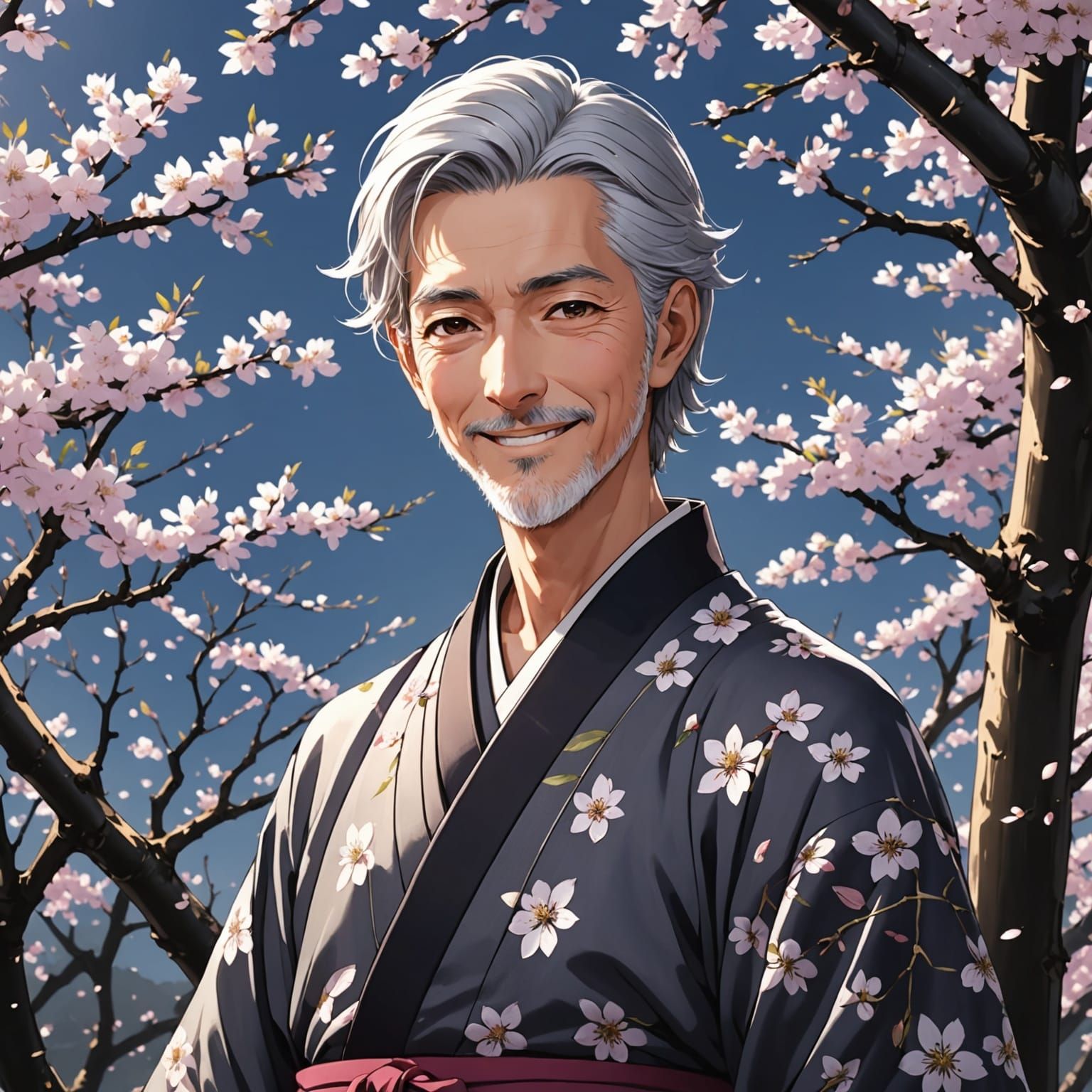 Elegant Ash Gray Haired Man Amidst Black Cherry Blossoms