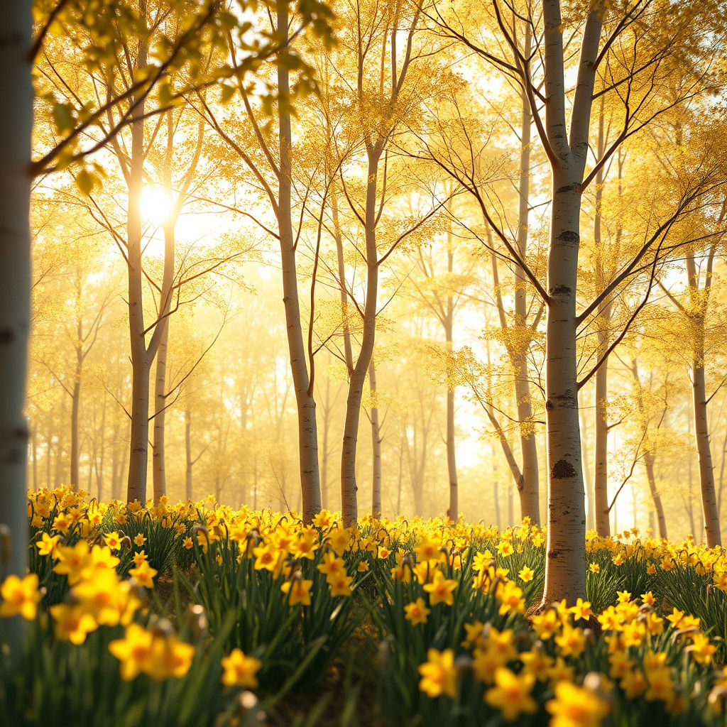 Aspens and Daffodils in Sun-Dappled Glade: 3D Digital Art