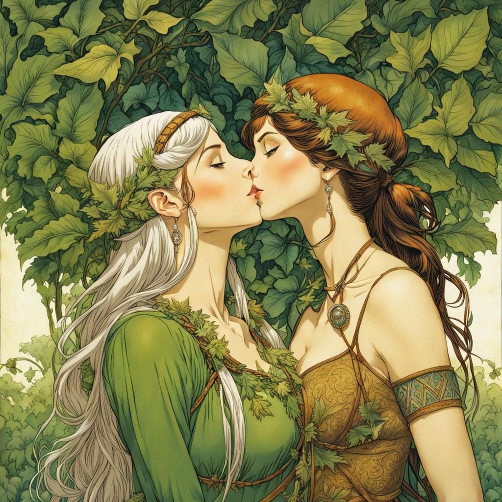 Elf Archer Kissing Girl, Golden Age Comic Style