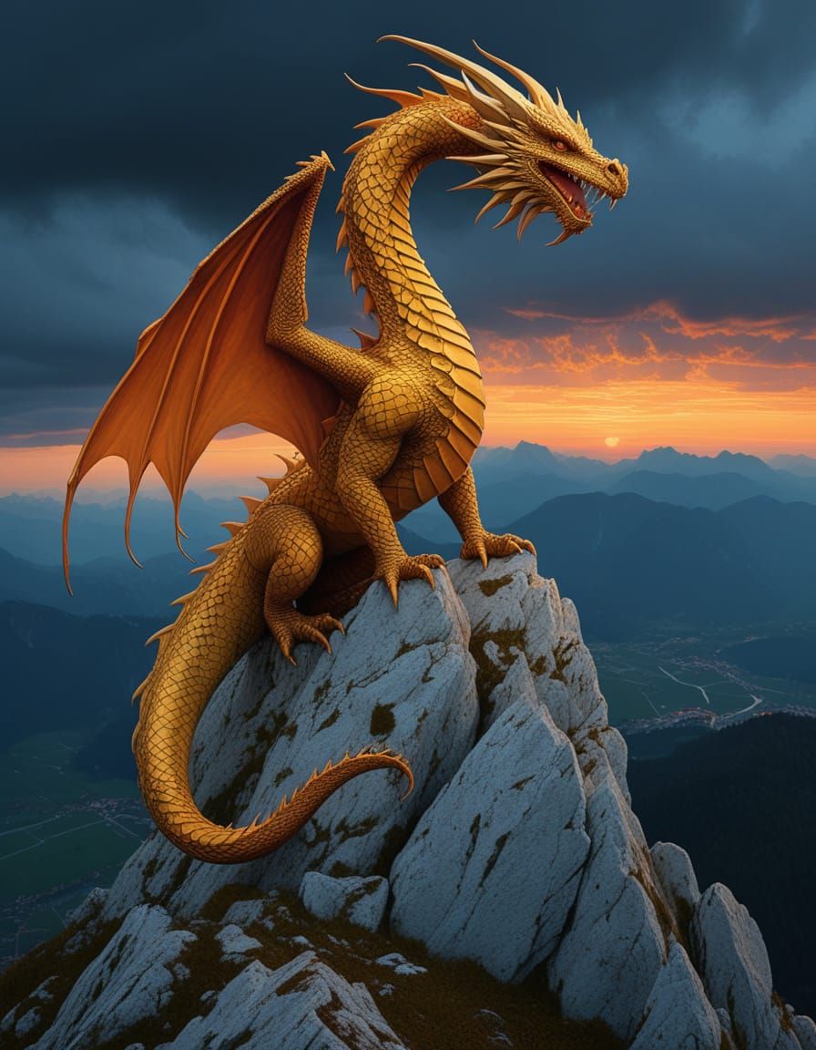 Ominous Dragon on Mountain Peak in Golden Hour